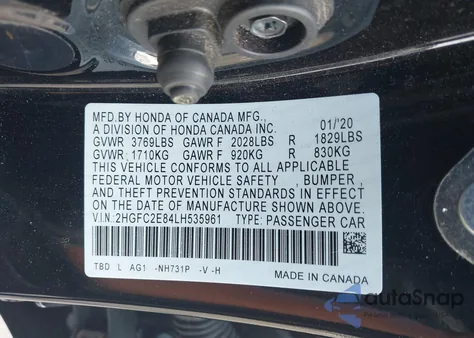 2020 Honda Civic Sport z USA, uszkodzony, nr VIN 2HGFC2E84LH535961